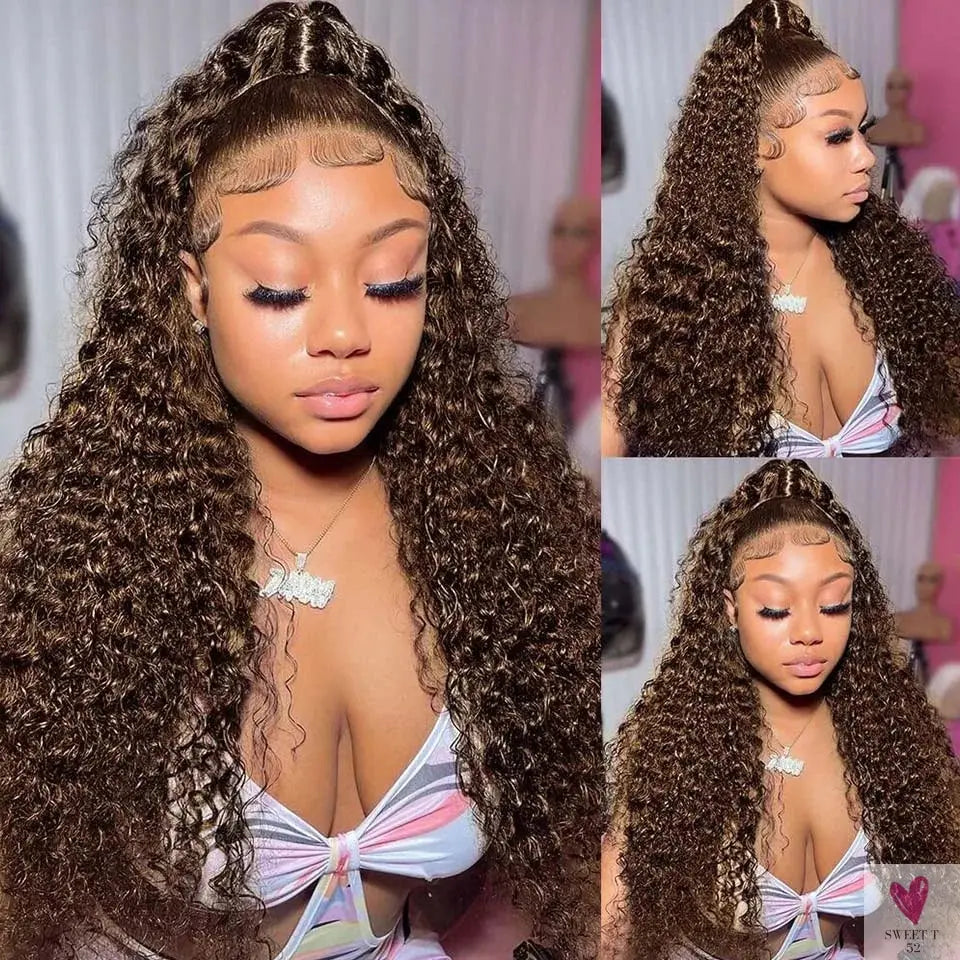 13x4 Chocolate Brown Deep Wave Lace Front Wig, Bleached Knots, HD Transparent 13x6 Lace Frontal Wig, Brown Curly Human Hair Wigs Sweet T 52