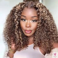 13x4 HD Lace Short Human Hair Wigs, Curly, Color 4/27, Highlight Ombre Human Hair Deep Wave Bob Wigs for Women Sweet T 52