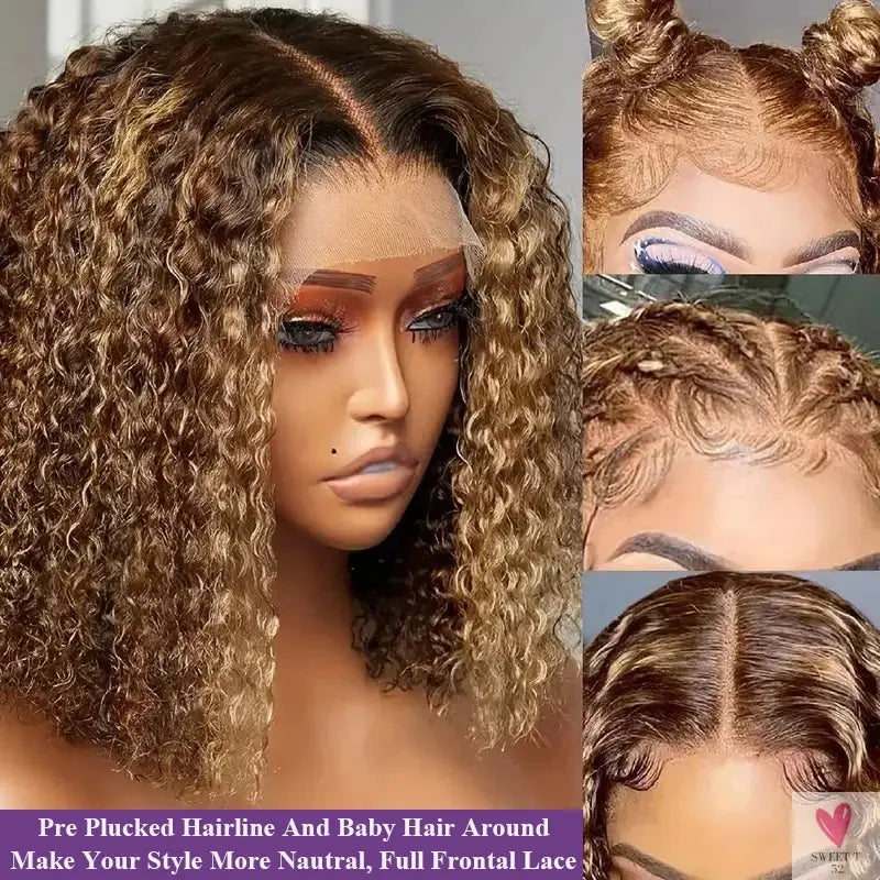 13x4 HD Lace Short Human Hair Wigs, Curly, Color 4/27, Highlight Ombre Human Hair Deep Wave Bob Wigs for Women Sweet T 52