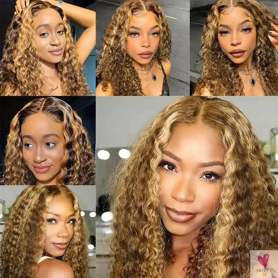13x4 HD Lace Short Human Hair Wigs, Curly, Color 4/27, Highlight Ombre Human Hair Deep Wave Bob Wigs for Women Sweet T 52