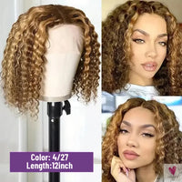 13x4 HD Lace Short Human Hair Wigs, Curly, Color 4/27, Highlight Ombre Human Hair Deep Wave Bob Wigs for Women Sweet T 52