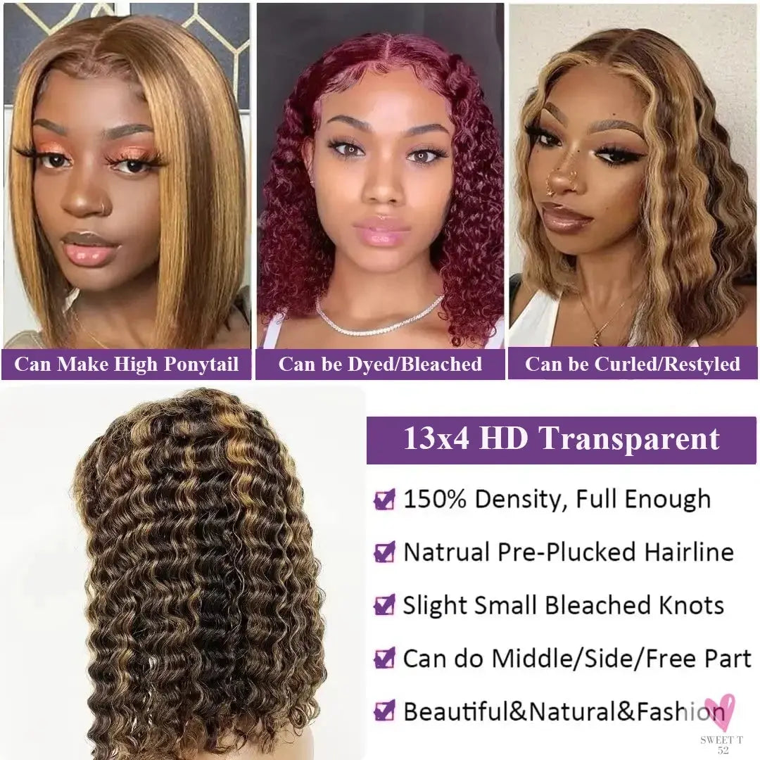 13x4 HD Lace Short Human Hair Wigs, Curly, Color 4/27, Highlight Ombre Human Hair Deep Wave Bob Wigs for Women Sweet T 52