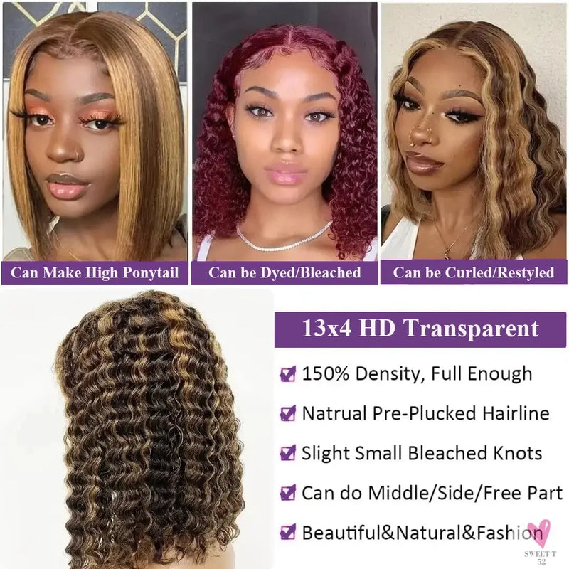 13x4 HD Lace Short Human Hair Wigs, Curly, Color 4/27, Highlight Ombre Human Hair Deep Wave Bob Wigs for Women Sweet T 52