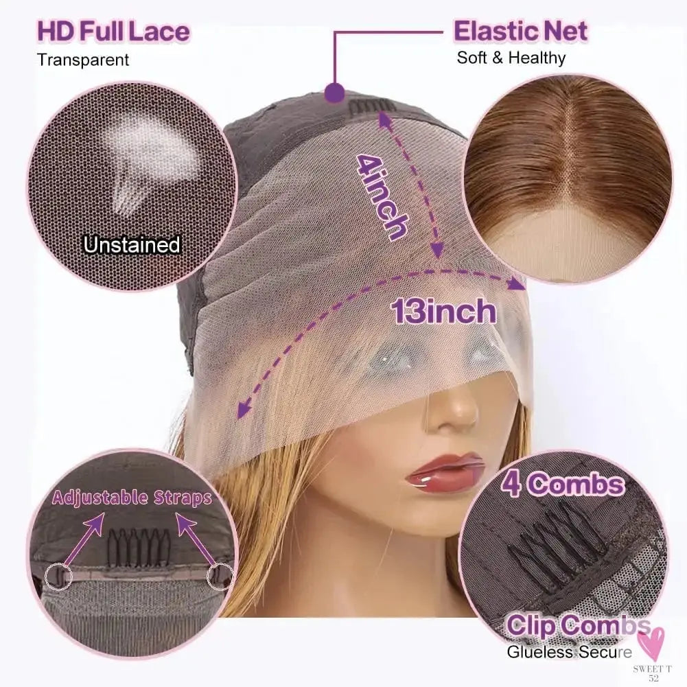 13x4 HD Lace Short Human Hair Wigs, Curly, Color 4/27, Highlight Ombre Human Hair Deep Wave Bob Wigs for Women Sweet T 52