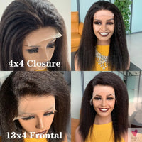 13x4 Lace Frontal Wig for Women and Girls, Pre Plucked Yaki Brazilian Remy Kinky Straight Human Hair Wigs, Glueless