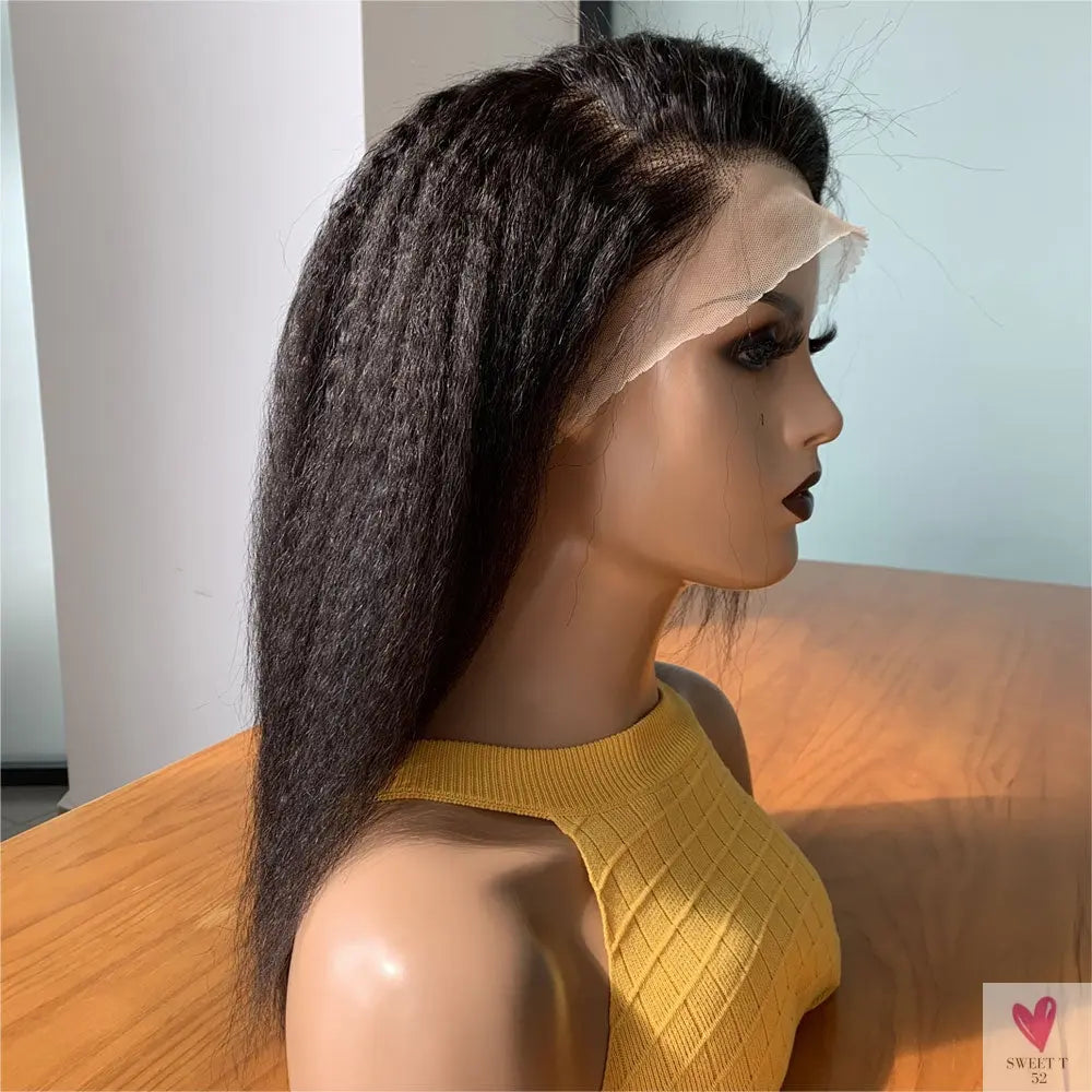 13x4 Lace Frontal Wig for Women and Girls, Pre Plucked Yaki Brazilian Remy Kinky Straight Human Hair Wigs, Glueless