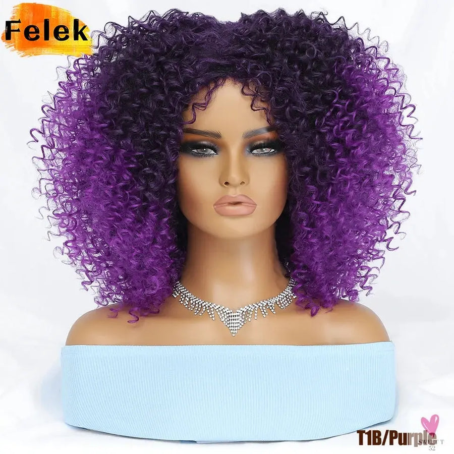 14 Inch Kinky Curly Wigs With Highlights - 1Pc Purple Synthetic Wig for Women, Daily Use or Cosplay Sweet T 52