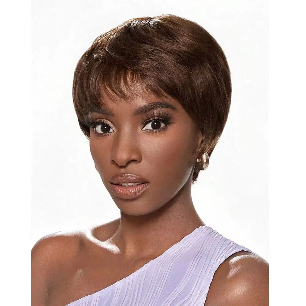 Short Pixie Cut Wig Human Hair Brazilian 100% Human Hair Full Machine Wigs Glueless Pixie Wig with Bangs for Women Natural Black