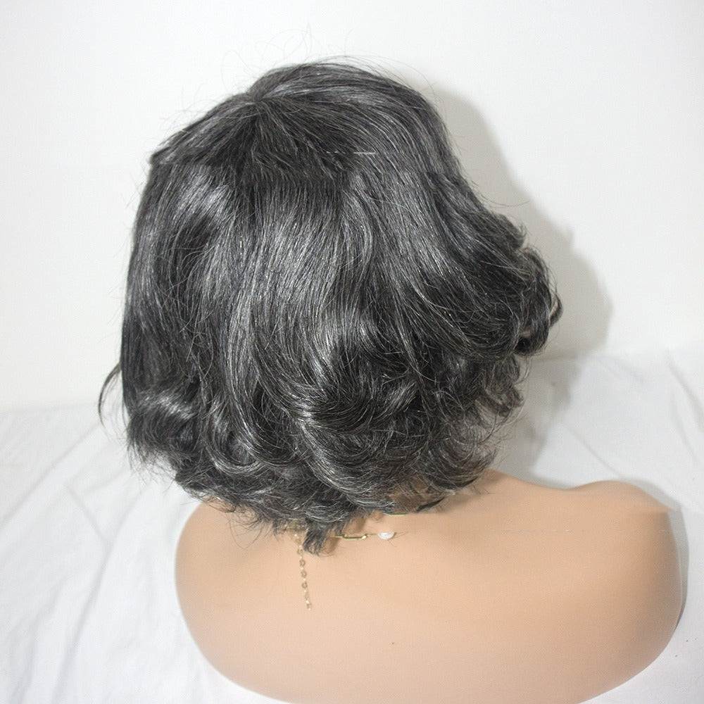 European & American Human Hair Grey Wig, Short Curls, 8 Inches