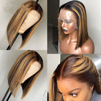 Brown Wig with Highlights, Human Hair, Straight, 10, 12, 14 and 16 Inches, for Women