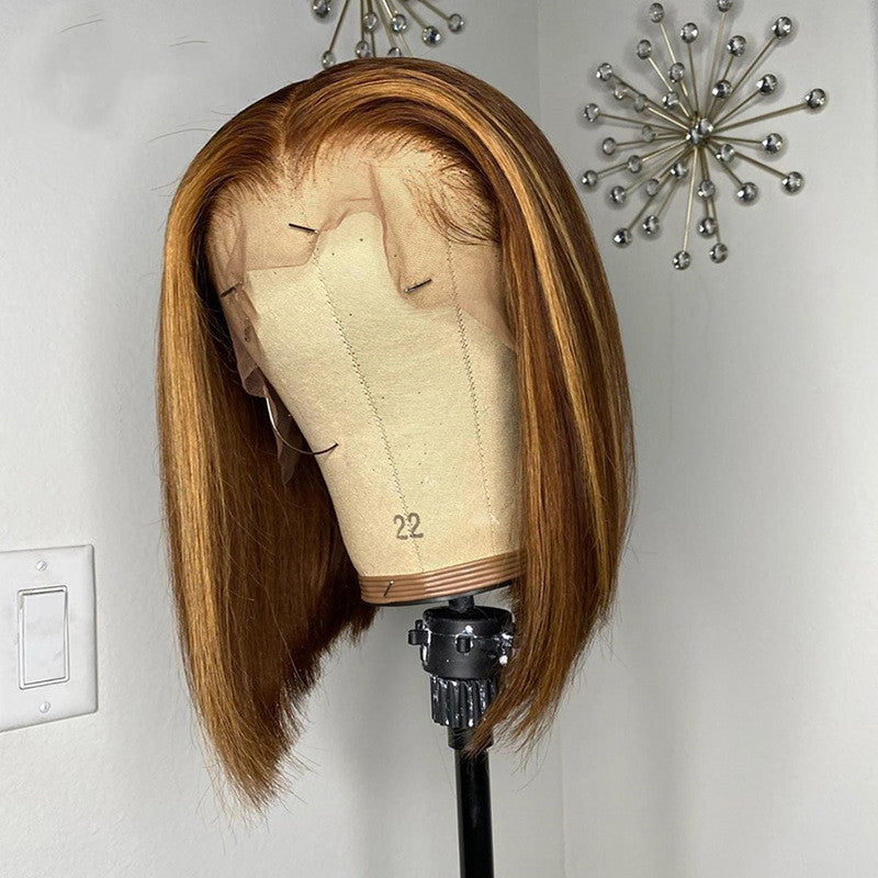 Brown Wig with Highlights, Human Hair, Straight, 10, 12, 14 and 16 Inches, for Women