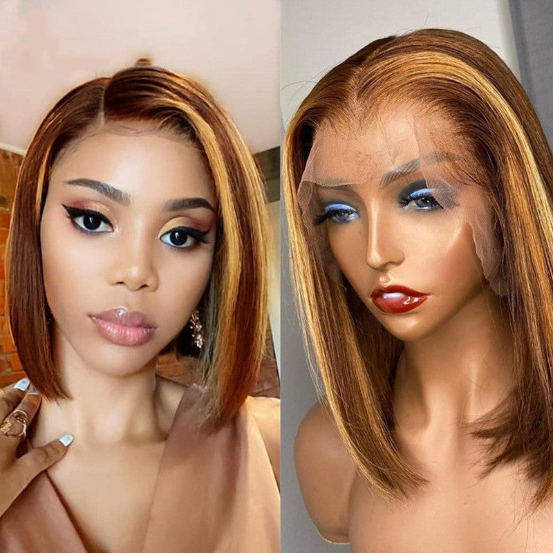 Brown Wig with Highlights, Human Hair, Straight, 10, 12, 14 and 16 Inches, for Women