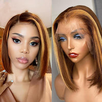 Brown Wig with Highlights, Human Hair, Straight, 10, 12, 14 and 16 Inches, for Women