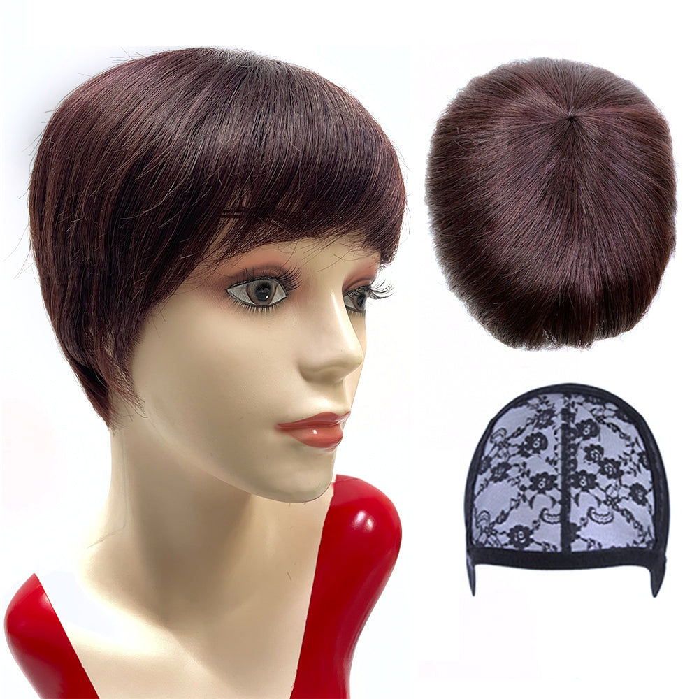 4 Inch Natural Hair Pixie Cut Wig, Red Brown/Bob with Bangs for Women