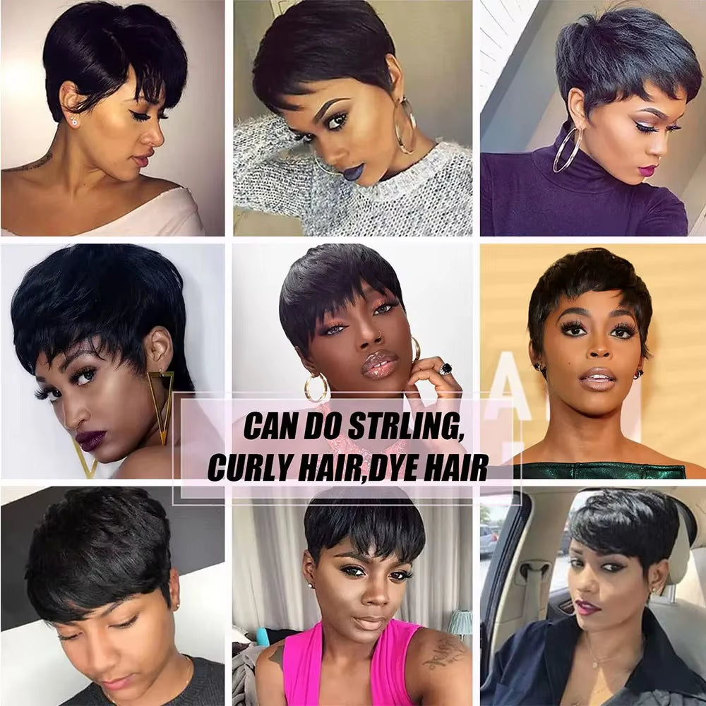 Short Pixie Cut Wig Human Hair Brazilian 100% Human Hair Full Machine Wigs Glueless Pixie Wig with Bangs for Women Natural Black