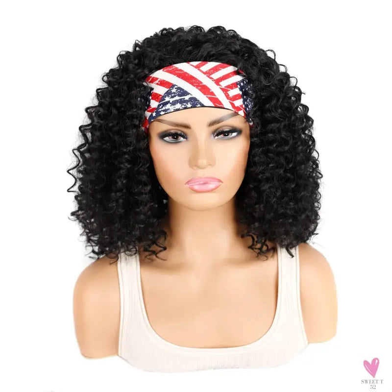 18 Inch Kinky Curly Headband Wig, Ombre Afro Curly Wig with Scarf, Synthetic Fluffy Curly Wigs for Women & Girls-hair accessories-SWEET T 52