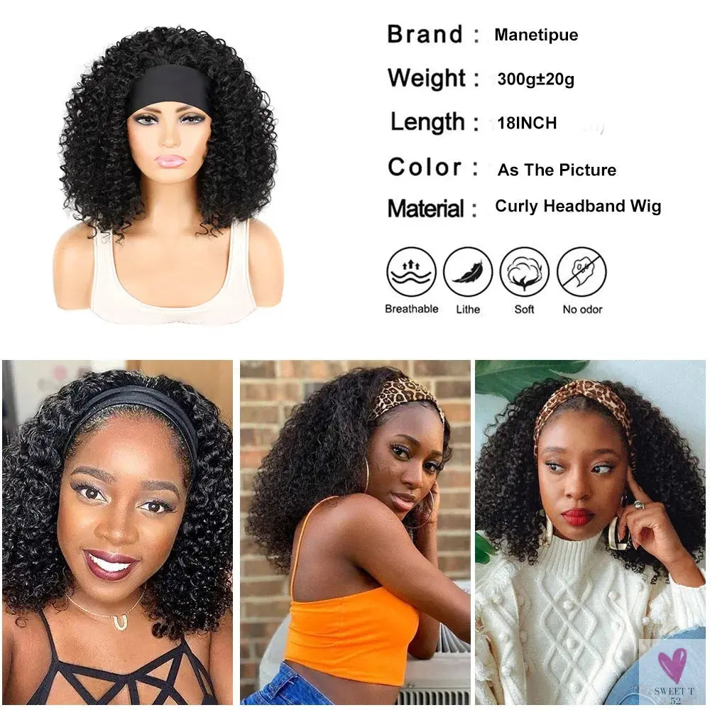 18 Inch Kinky Curly Headband Wig, Ombre Afro Curly Wig with Scarf, Synthetic Fluffy Curly Wigs for Women & Girls-hair accessories-SWEET T 52