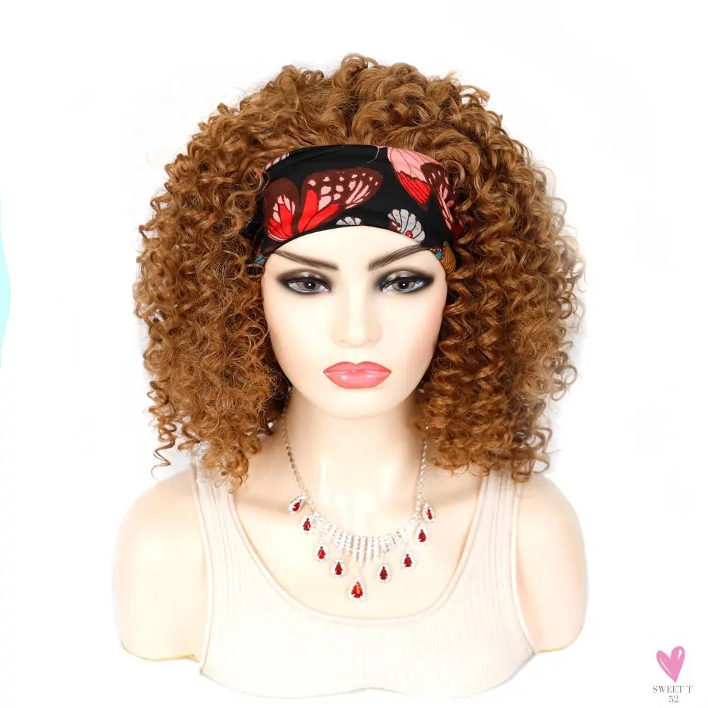 18 Inch Kinky Curly Headband Wig, Ombre Afro Curly Wig with Scarf, Synthetic Fluffy Curly Wigs for Women & Girls-hair accessories-SWEET T 52