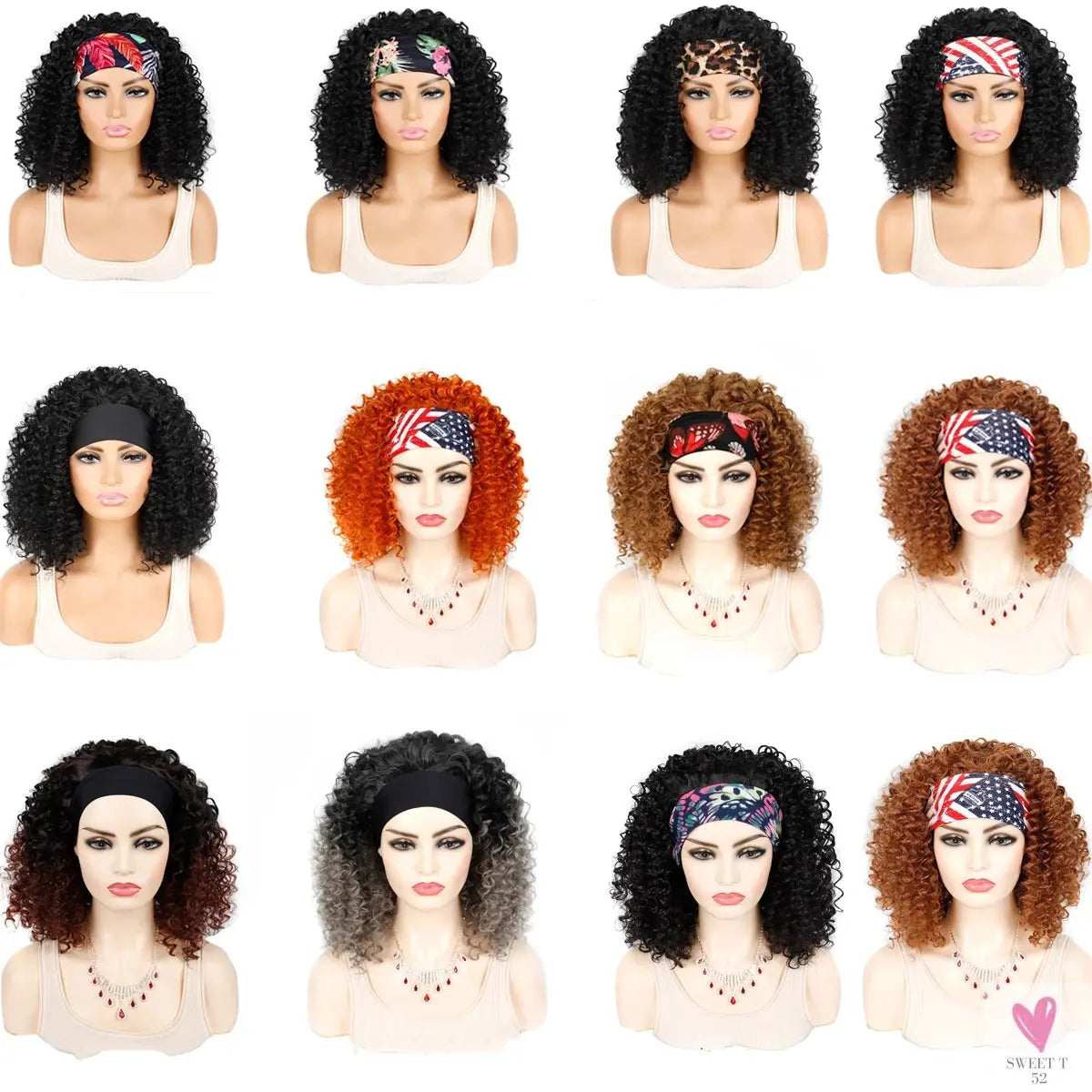 18 Inch Kinky Curly Headband Wig, Ombre Afro Curly Wig with Scarf, Synthetic Fluffy Curly Wigs for Women & Girls-hair accessories-SWEET T 52