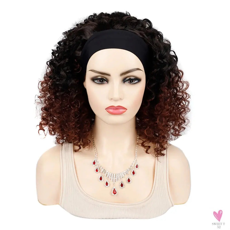 18 Inch Kinky Curly Headband Wig, Ombre Afro Curly Wig with Scarf, Synthetic Fluffy Curly Wigs for Women & Girls-hair accessories-SWEET T 52