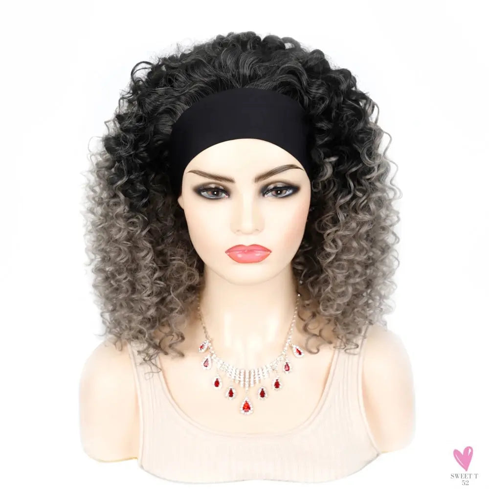 18 Inch Kinky Curly Headband Wig, Ombre Afro Curly Wig with Scarf, Synthetic Fluffy Curly Wigs for Women & Girls-hair accessories-SWEET T 52