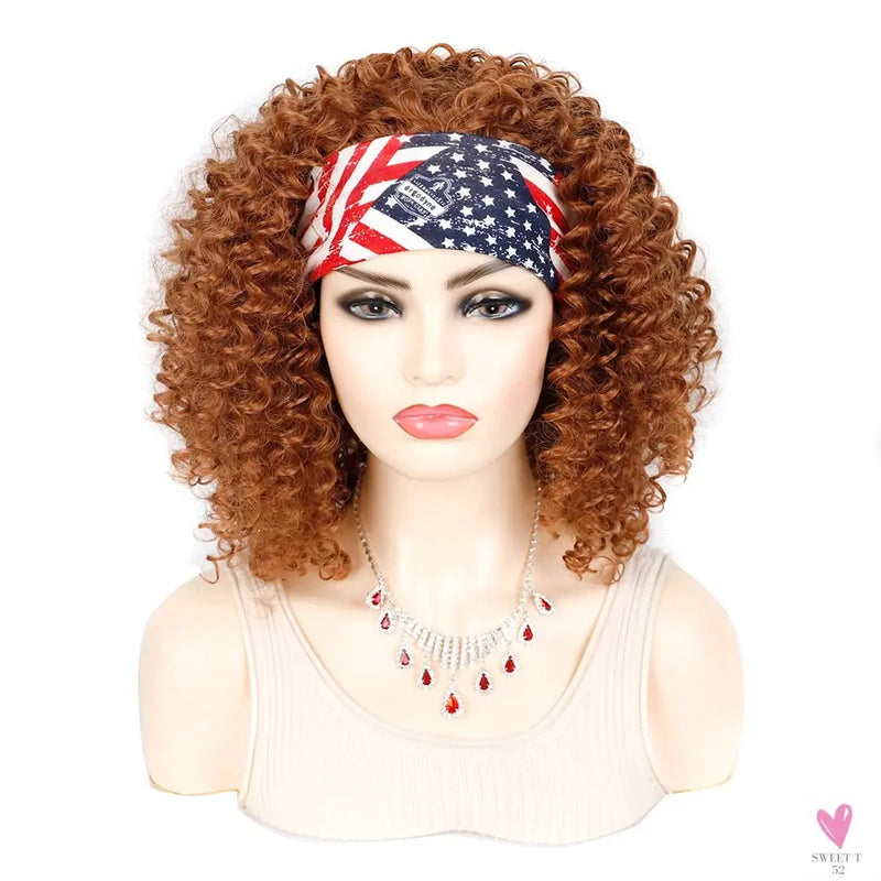 18 Inch Kinky Curly Headband Wig, Ombre Afro Curly Wig with Scarf, Synthetic Fluffy Curly Wigs for Women & Girls-hair accessories-SWEET T 52