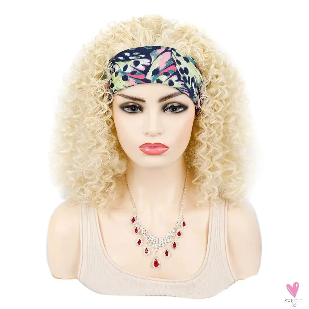 18 Inch Kinky Curly Headband Wig, Ombre Afro Curly Wig with Scarf, Synthetic Fluffy Curly Wigs for Women & Girls-hair accessories-SWEET T 52