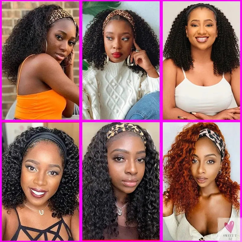 18 Inch Kinky Curly Headband Wig, Ombre Afro Curly Wig with Scarf, Synthetic Fluffy Curly Wigs for Women & Girls-hair accessories-SWEET T 52