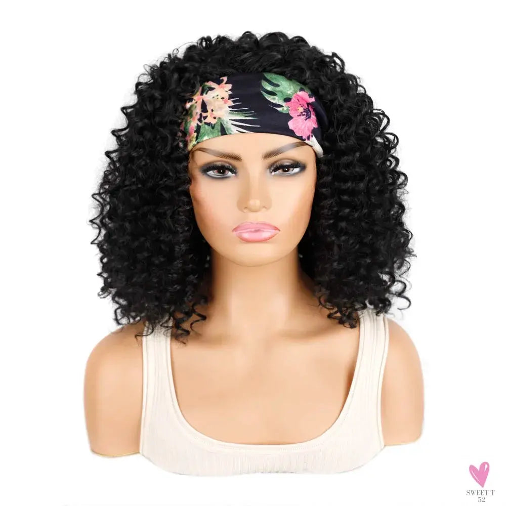 18 Inch Kinky Curly Headband Wig, Ombre Afro Curly Wig with Scarf, Synthetic Fluffy Curly Wigs for Women & Girls-hair accessories-SWEET T 52