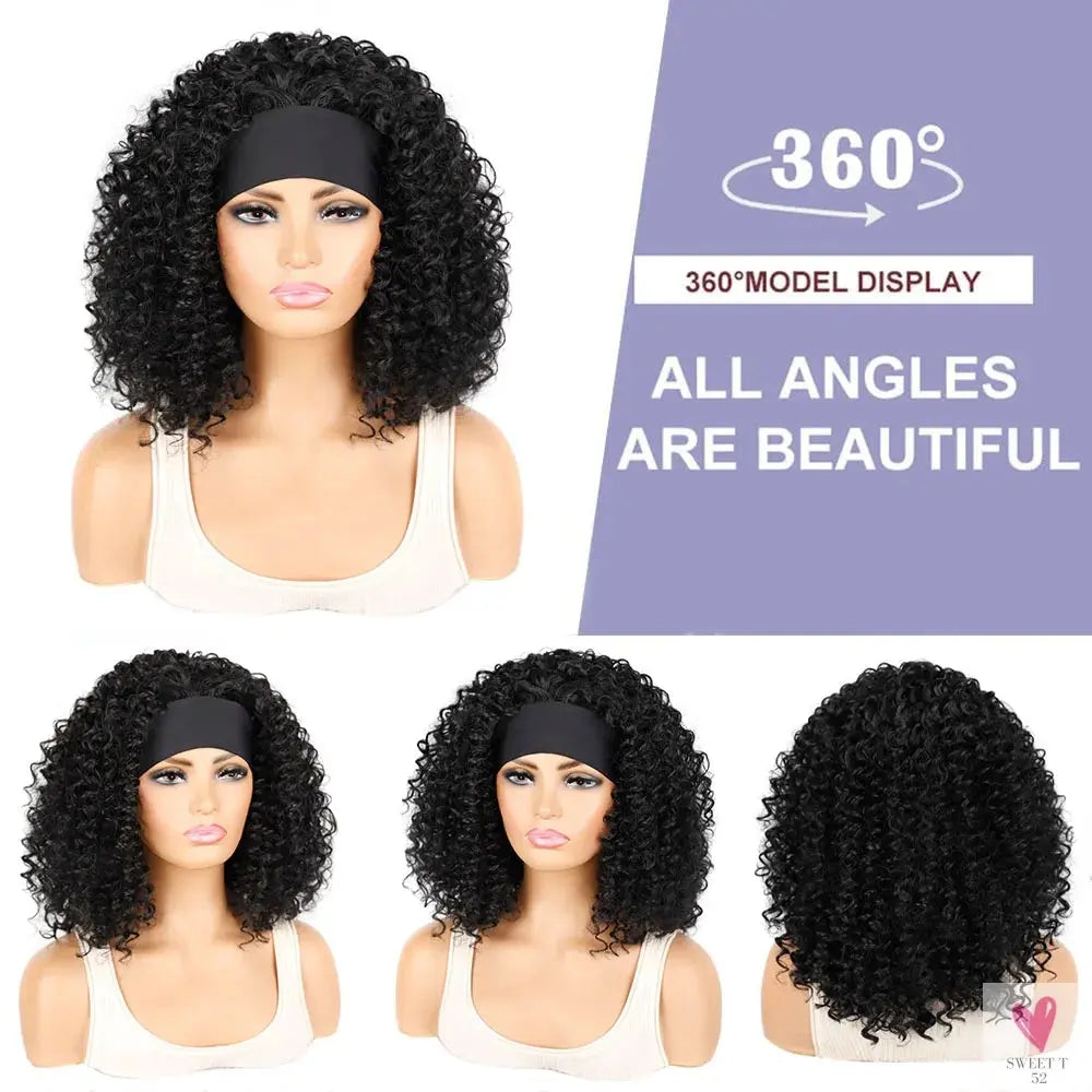 18 Inch Kinky Curly Headband Wig, Ombre Afro Curly Wig with Scarf, Synthetic Fluffy Curly Wigs for Women & Girls-hair accessories-SWEET T 52