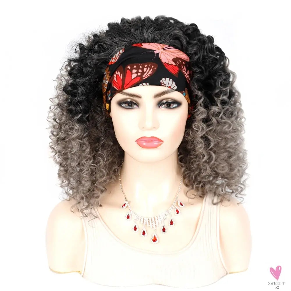 18 Inch Kinky Curly Headband Wig, Ombre Afro Curly Wig with Scarf, Synthetic Fluffy Curly Wigs for Women & Girls-hair accessories-SWEET T 52