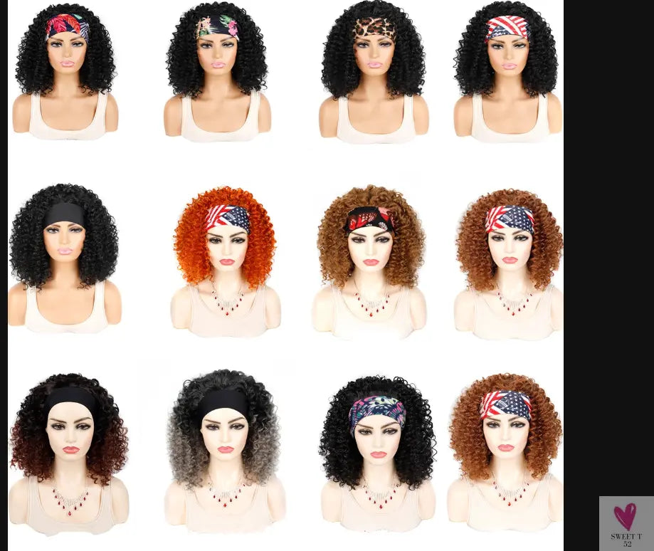 18 Inch Kinky Curly Headband Wig, Ombre Afro Curly Wig with Scarf, Synthetic Fluffy Curly Wigs for Women & Girls-hair accessories-SWEET T 52