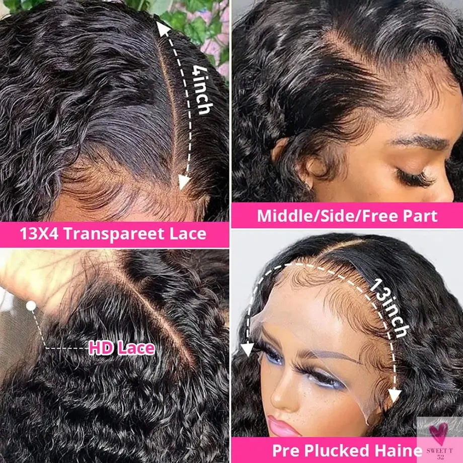 180/250% Density Hd Deep Wave Frontal Wigs, Brazilian Glueless Wigs, 13x4, Curly Lace Front Human Hair Wigs for Women-hair accessories-SWEET T 52