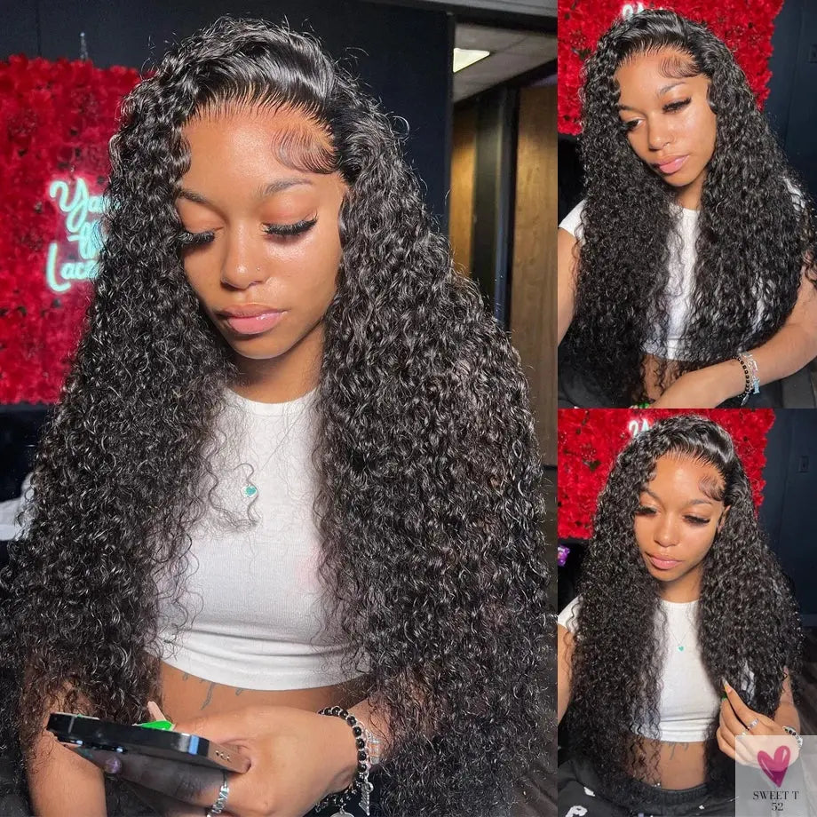 180/250% Density Hd Deep Wave Frontal Wigs, Brazilian Glueless Wigs, 13x4, Curly Lace Front Human Hair Wigs for Women-hair accessories-SWEET T 52