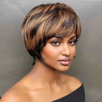 1B/30 Color Straight Human Hair Wig, Pixie Cut Human Hair Wig with Bangs. Full Machine Made Wig, Ombre Colored Wig Sweet T 52
