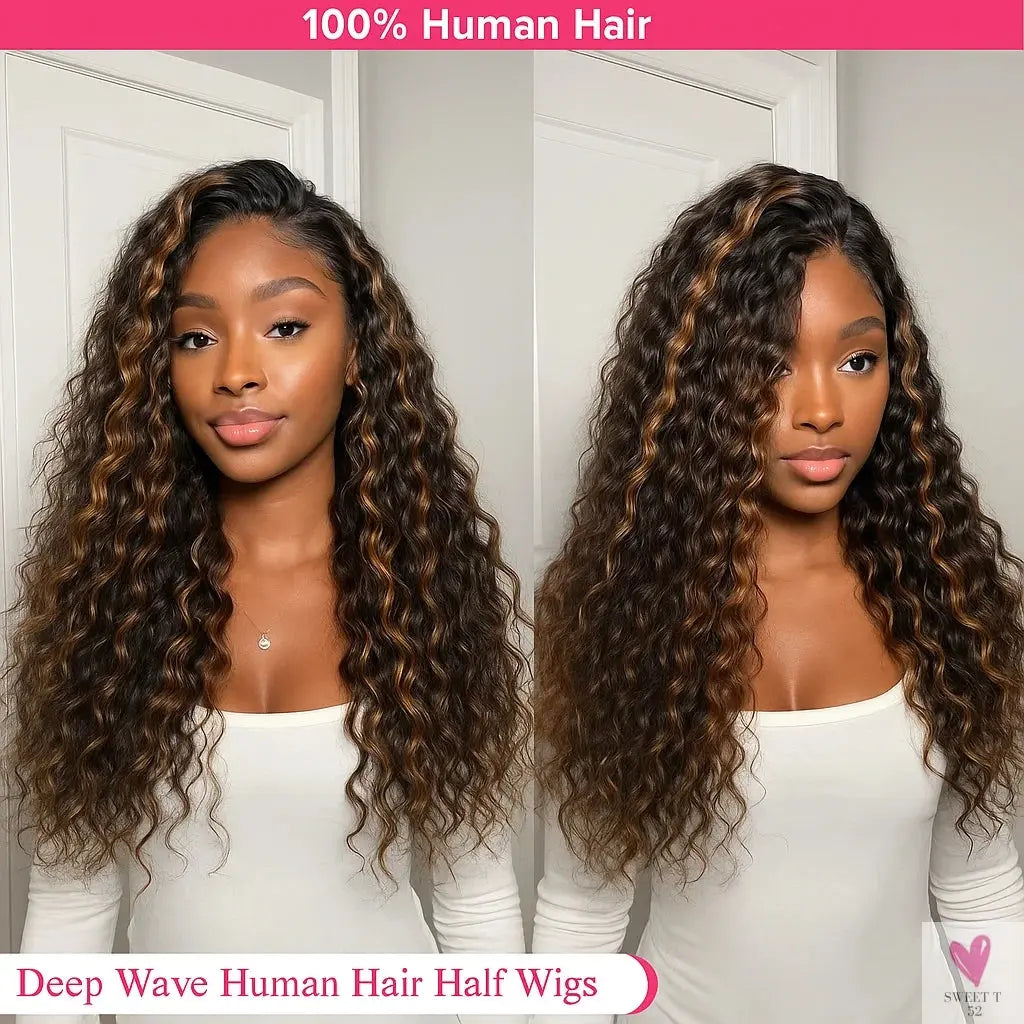1B/30 Highlight Water Wave Half Wig - Human Hair Seamless Flip Over Wig, Draw-strings Invisi Ombre Brazilian Remy 3/4 Half Wigs Sweet T 52