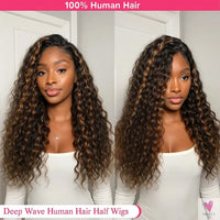 1B/30 Highlight Water Wave Half Wig - Human Hair Seamless Flip Over Wig, Draw-strings Invisi Ombre Brazilian Remy 3/4 Half Wigs Sweet T 52