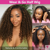 1B/30 Highlight Water Wave Half Wig - Human Hair Seamless Flip Over Wig, Draw-strings Invisi Ombre Brazilian Remy 3/4 Half Wigs Sweet T 52