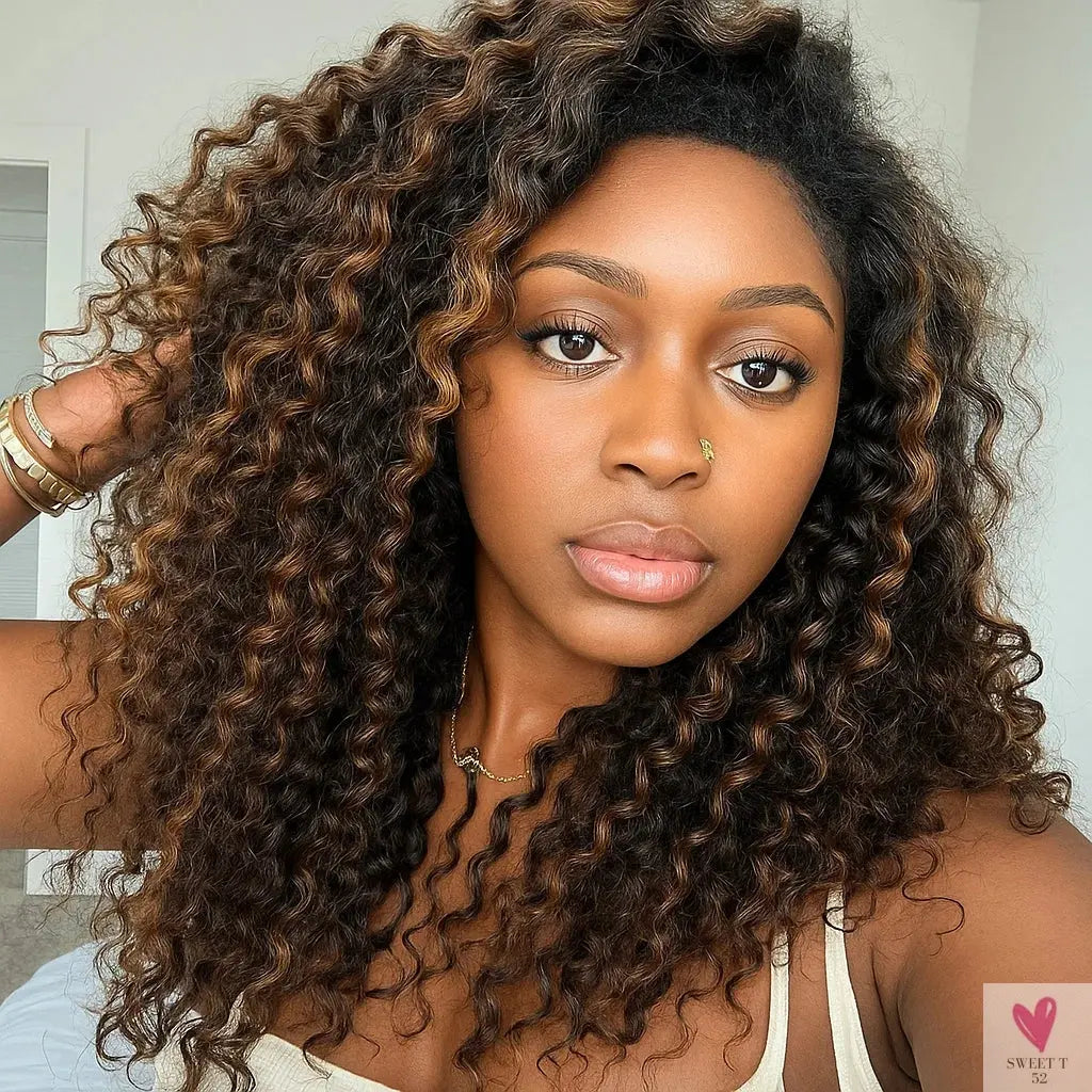 1B/30 Highlight Water Wave Half Wig - Human Hair Seamless Flip Over Wig, Draw-strings Invisi Ombre Brazilian Remy 3/4 Half Wigs Sweet T 52