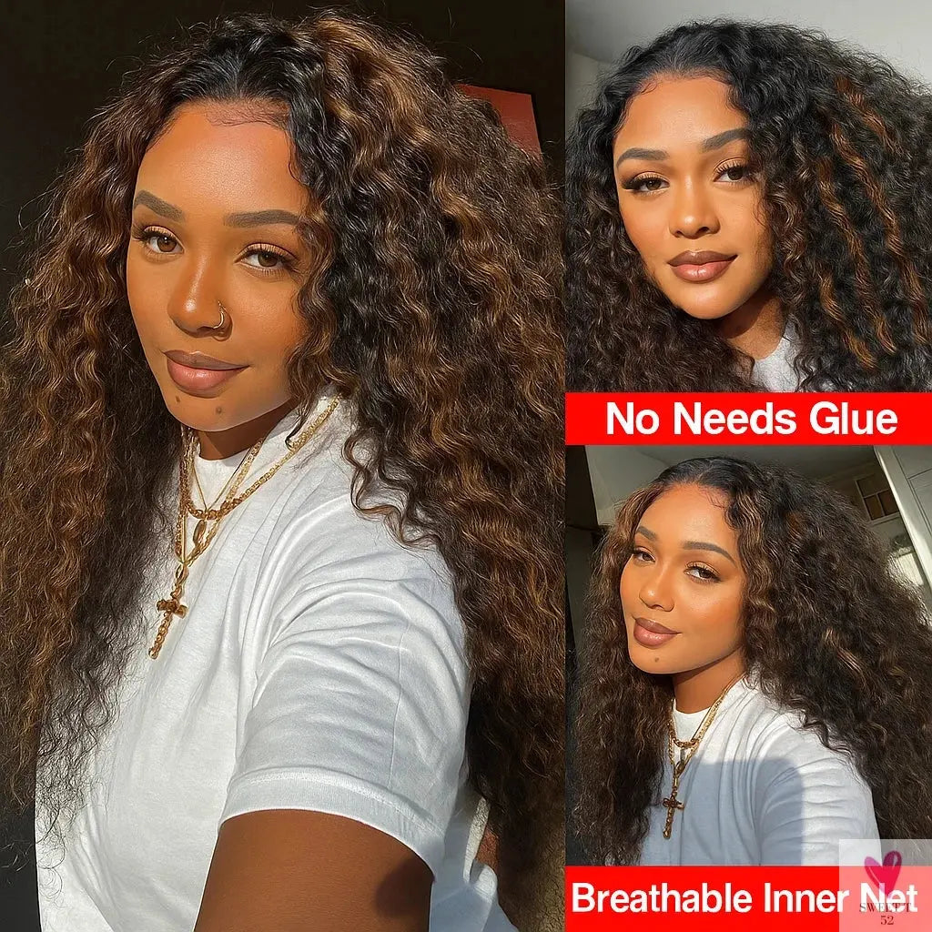 1B/30 Highlight Water Wave Half Wig - Human Hair Seamless Flip Over Wig, Draw-strings Invisi Ombre Brazilian Remy 3/4 Half Wigs Sweet T 52