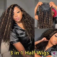 1B/30 Highlight Water Wave Half Wig - Human Hair Seamless Flip Over Wig, Draw-strings Invisi Ombre Brazilian Remy 3/4 Half Wigs Sweet T 52