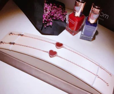 Sterling Silver Natural Red Agate Heart Bracelet