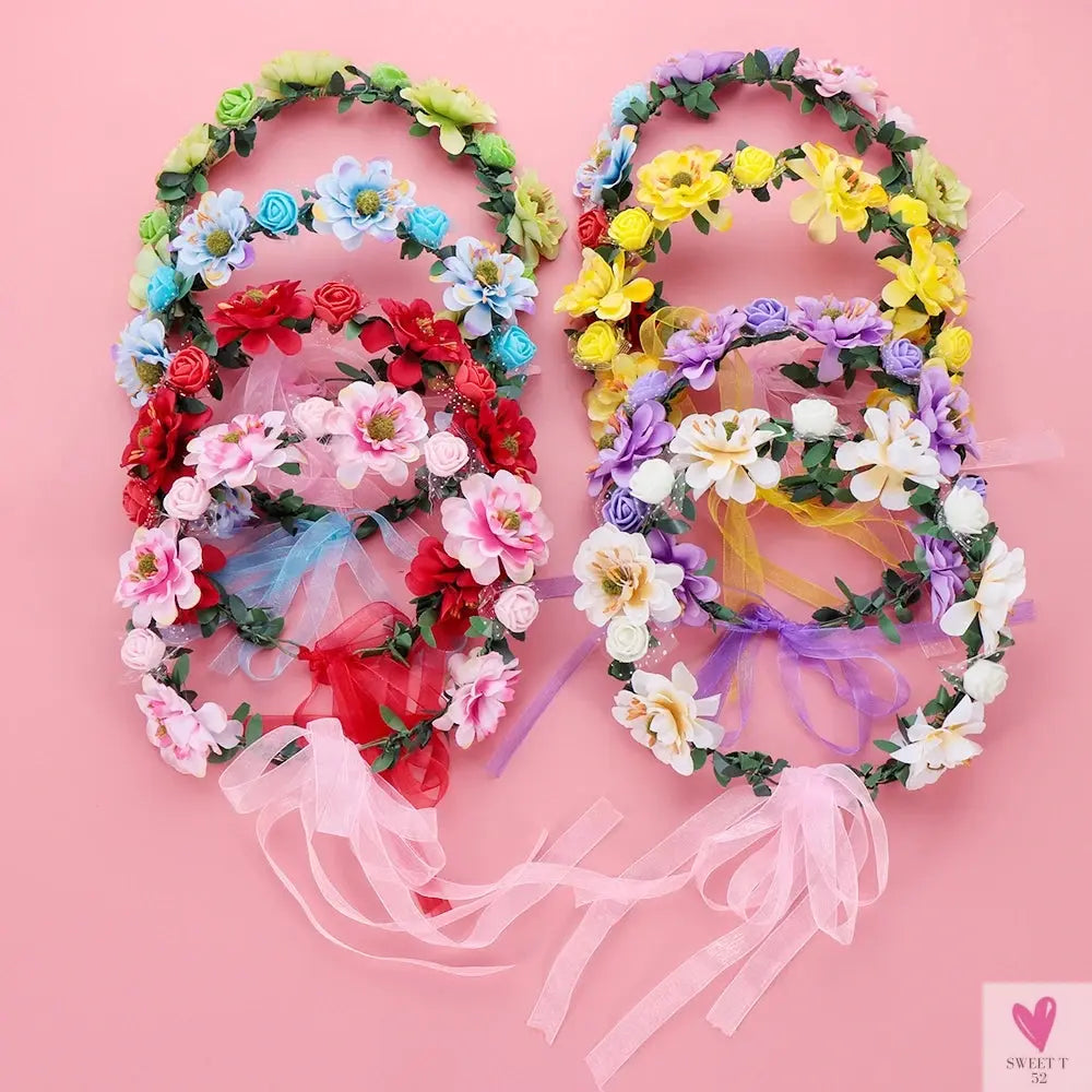 1pc Women Floral Wreath Pink Rose Flower Crown Girls Bohemia Garland Headpiece with Adjustable Ribbon Bridal Wedding Accessories SWEET T 52