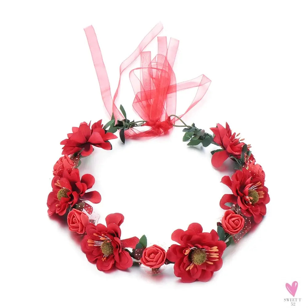 1pc Women Floral Wreath Pink Rose Flower Crown Girls Bohemia Garland Headpiece with Adjustable Ribbon Bridal Wedding Accessories SWEET T 52