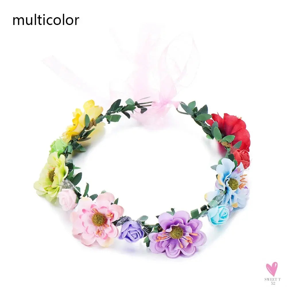 1pc Women Floral Wreath Pink Rose Flower Crown Girls Bohemia Garland Headpiece with Adjustable Ribbon Bridal Wedding Accessories SWEET T 52