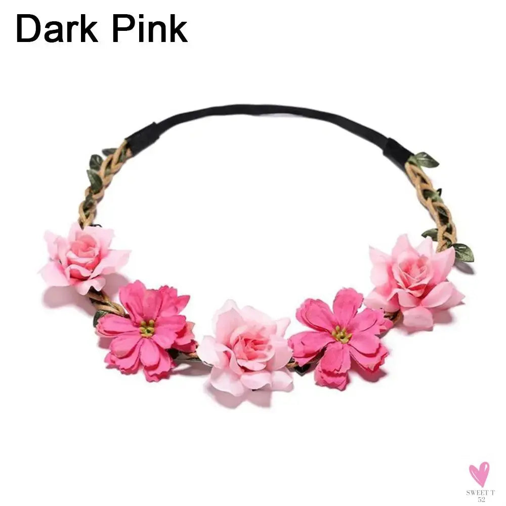 1pc Women Floral Wreath Pink Rose Flower Crown Girls Bohemia Garland Headpiece with Adjustable Ribbon Bridal Wedding Accessories SWEET T 52