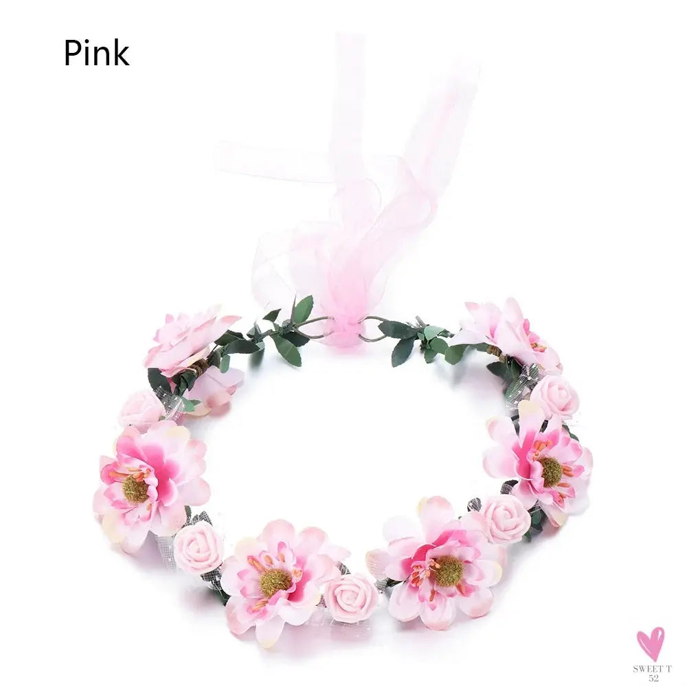 1pc Women Floral Wreath Pink Rose Flower Crown Girls Bohemia Garland Headpiece with Adjustable Ribbon Bridal Wedding Accessories SWEET T 52