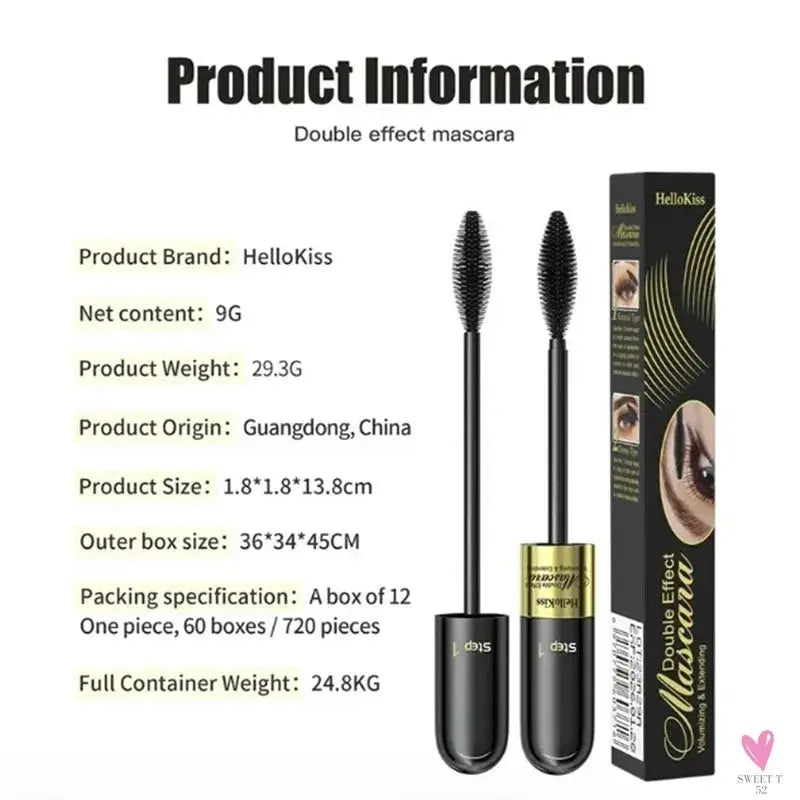 2 in 1 4-D Silk Fiber Eyelashes, Lengthening Mascara, Waterproof Long Lasting Lash Color, 4-D Mascara Sweet T 52