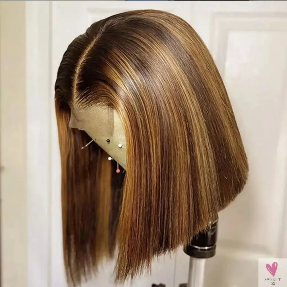 200% Highlight Bob Wigs - 13x4 Lace Front Wigs, P4/27 Colored Human Hair Wigs, Honey Brown 13x6 Straight Lace Frontal 100%  Remy Wigs Sweet T 52