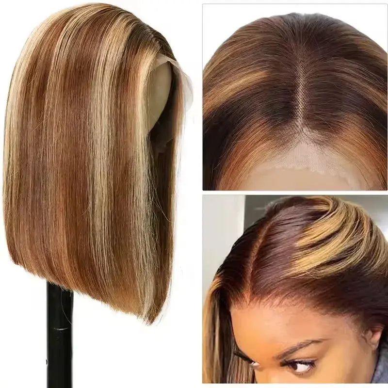 200% Highlight Bob Wigs - 13x4 Lace Front Wigs, P4/27 Colored Human Hair Wigs, Honey Brown 13x6 Straight Lace Frontal 100%  Remy Wigs Sweet T 52